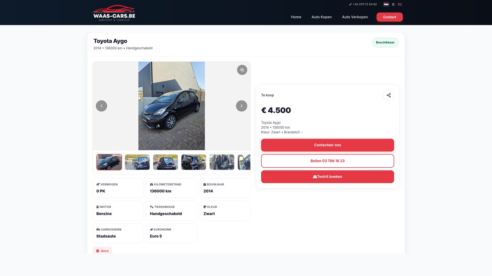 Detailpagina van een tweedehandswagen — Toyota Aygo €4500 met specificaties en prijs, klaar voor B2B facturatie via Peppol