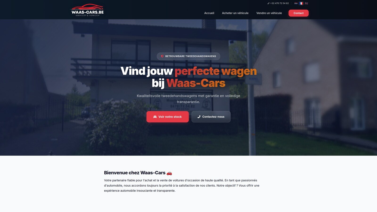 Voorbeeld van een professionele garage website in België — Waas-Cars homepage met heldere call-to-action en voertuigzoeker