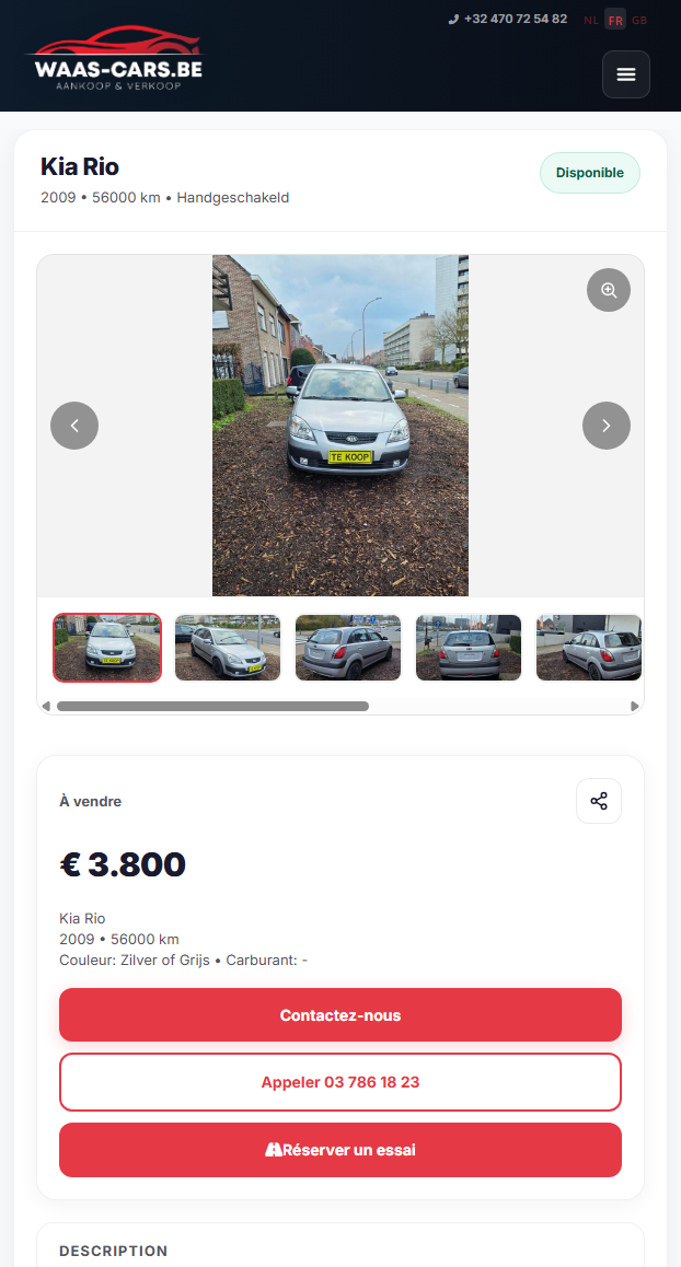Mobile view of a car detail page on waas-cars.be